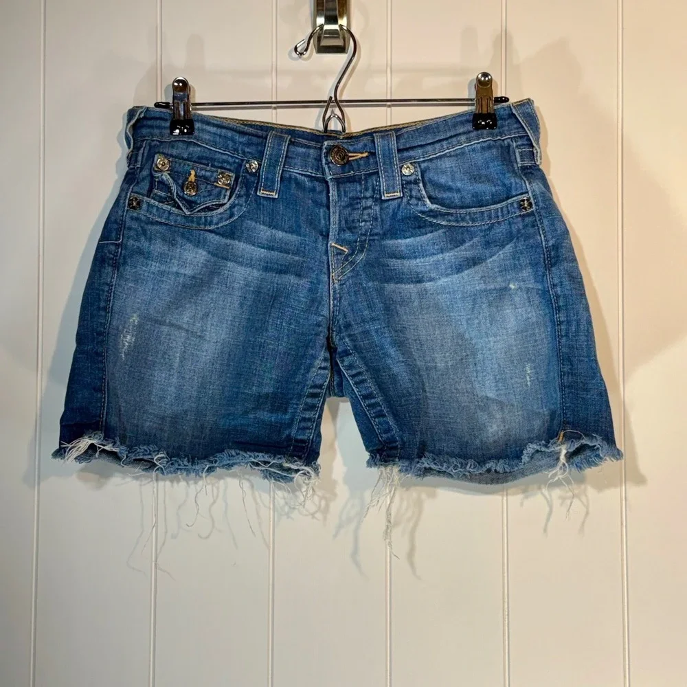 True Religion Joey Cut Off Denim Shorts Blue Distressed Low Rise W26 Made in USA
